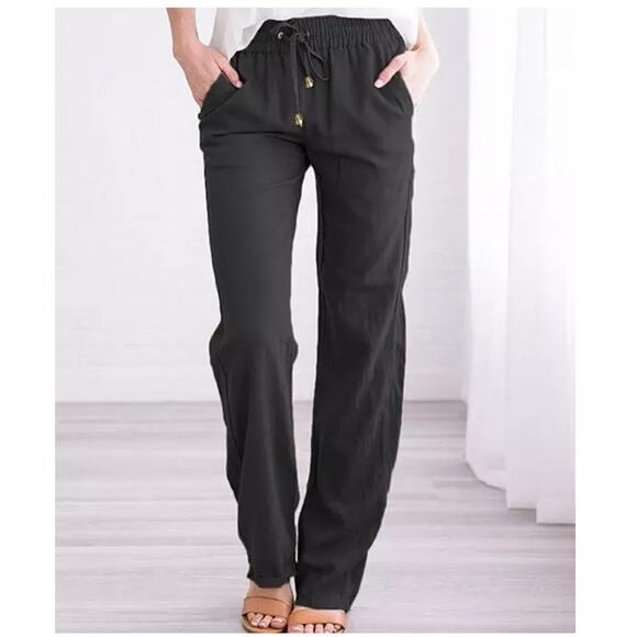 New Pantalon Pants Black Drawstring Cotton Pocket Lounge Large Ankle High Rise - Picture 1 of 15